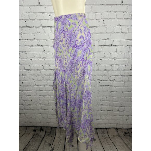 VTG I.C.E. Purple Green 100% Silk Chiffon Floral Beaded Flowy Maxi Long Skirt M - Picture 11 of 13